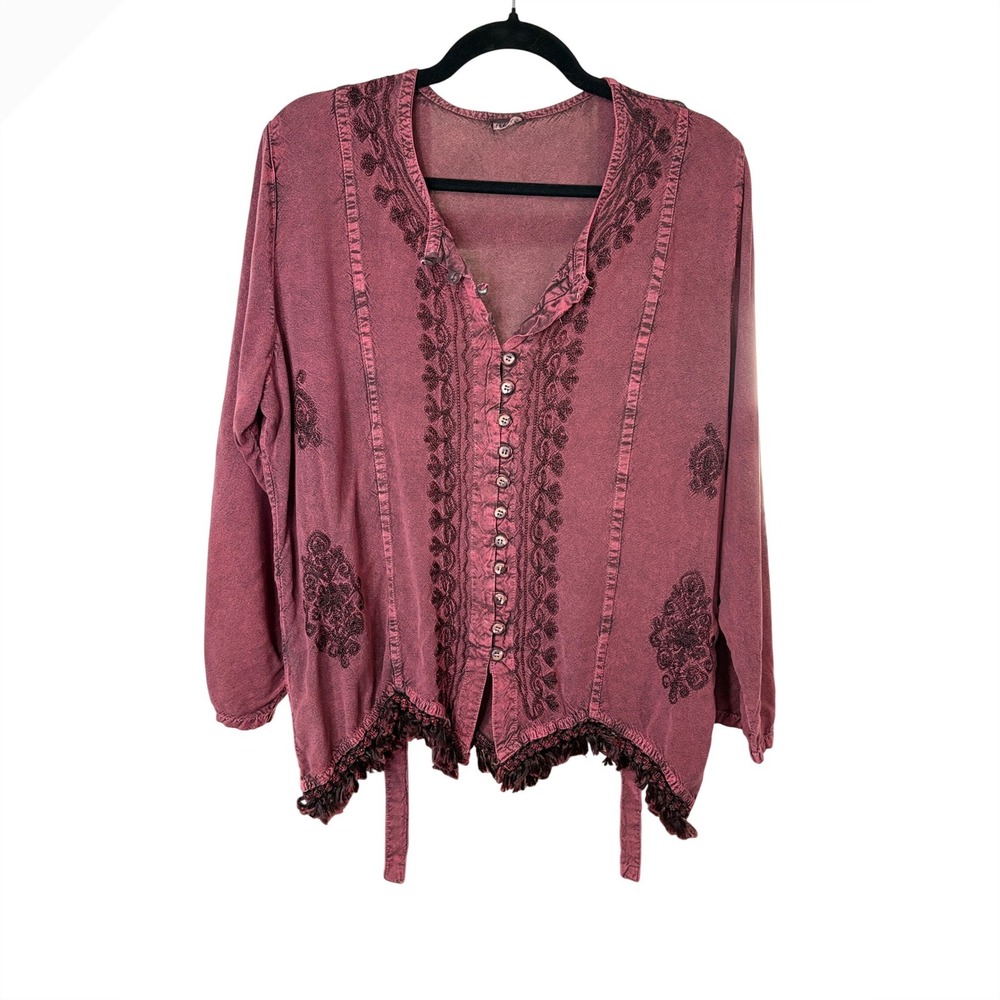 Burgundy Embroidered Blouse Women Free Size Boho Acid Wash Lace Tie